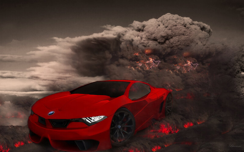 Red Sports Car — Dramatic, Digital Art, Smoke