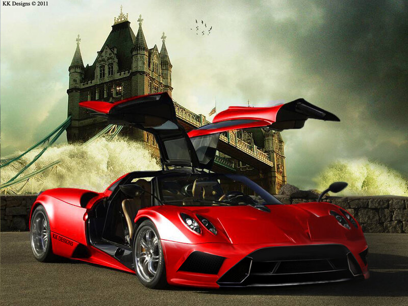 Red Sports Car — Dramatic, Digital Art, Tower Bridge