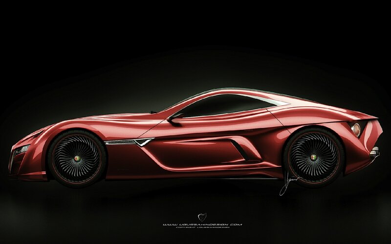 Red Sports Car — Dramatic, Digital Art, Wheels, Dark Background