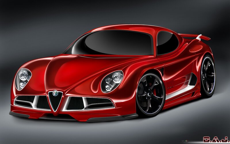 Red Sports Car — Dramatic, Digital Art, Wheels, Grille