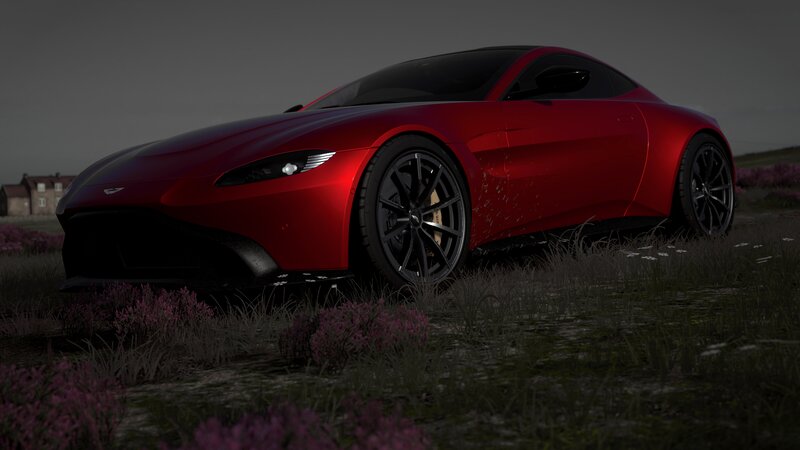 Red Sports Car — Dramatic, Night, 3d Render, Flowers