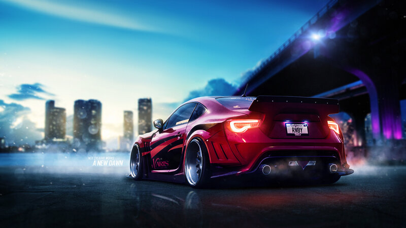 Red Sports Car — Dramatic, Night, Digital Art, City Skyline, Bridge
