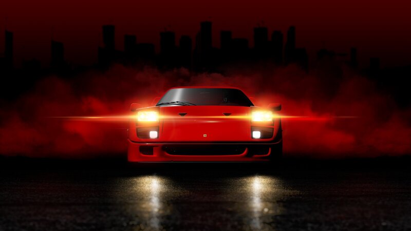 Red Sports Car — Dramatic, Night, Digital Art, City Skyline, Smoke