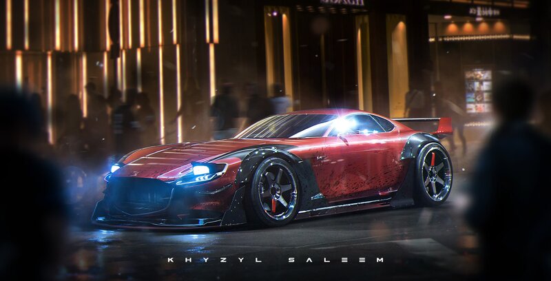 Red Sports Car — Dramatic, Night, Digital Art, People