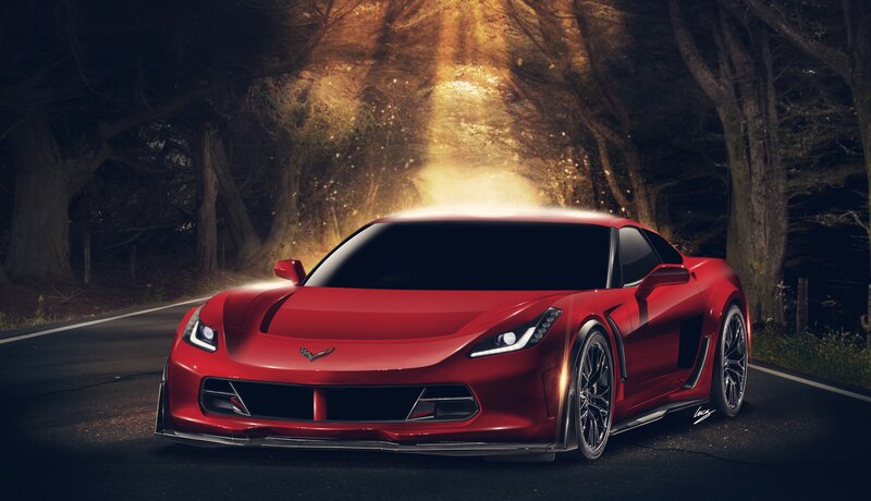 Red Sports Car — Dramatic, Night, Digital Art, Road, Trees