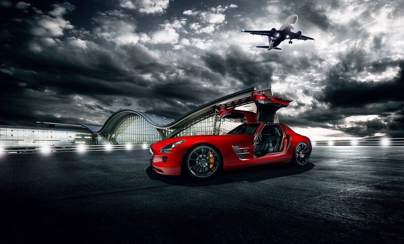 Red Sports Car — Dramatic, Night, Photograph, Airplane