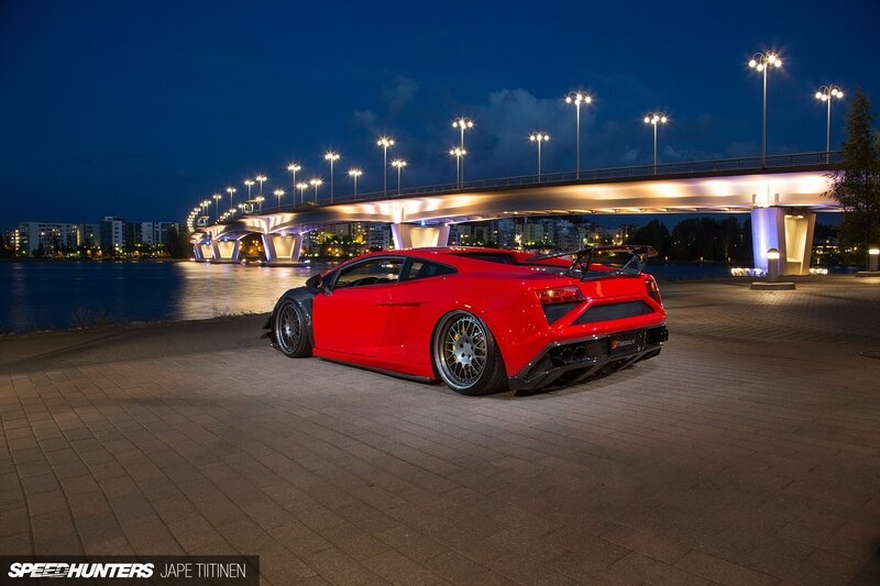 Red Sports Car — Dramatic, Night, Photograph, Bridge, River, City