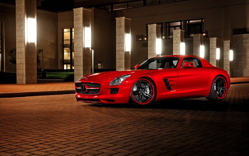 Red Sports Car — Dramatic, Night, Photograph, Building, Brick Pavement, Lights