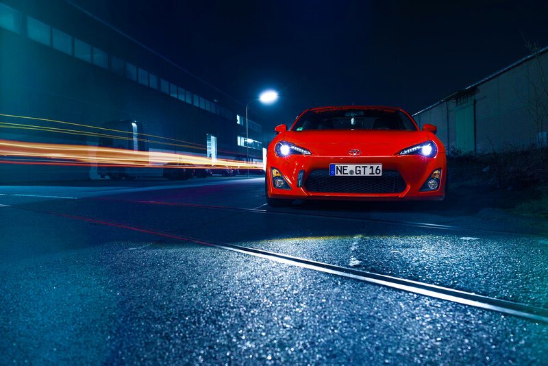 Red Sports Car — Dramatic, Night, Photograph, Building, Street Light