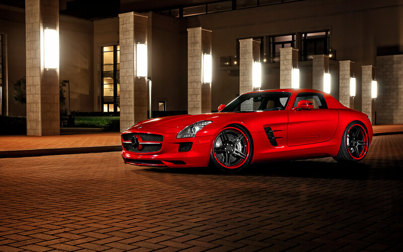 Red Sports Car — Dramatic, Night, Photograph, Building