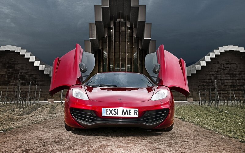 Red Sports Car — Dramatic, Night, Photograph, Building, Vineyard, Doors, Black