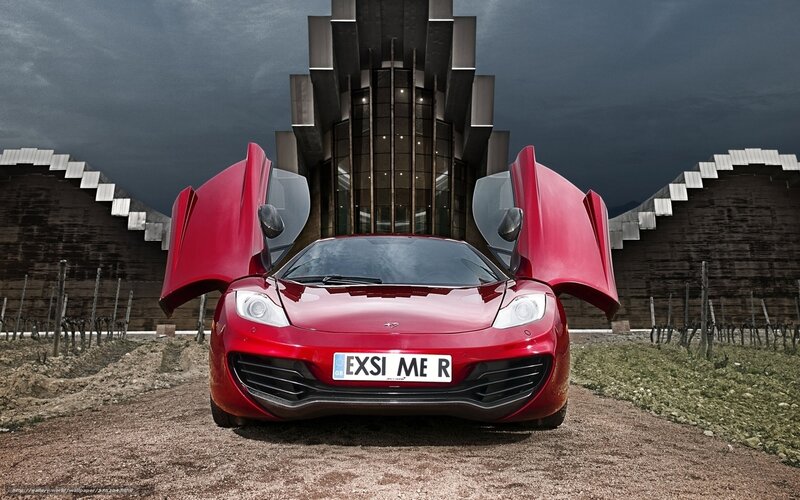 Red Sports Car — Dramatic, Night, Photograph, Building, Vineyard