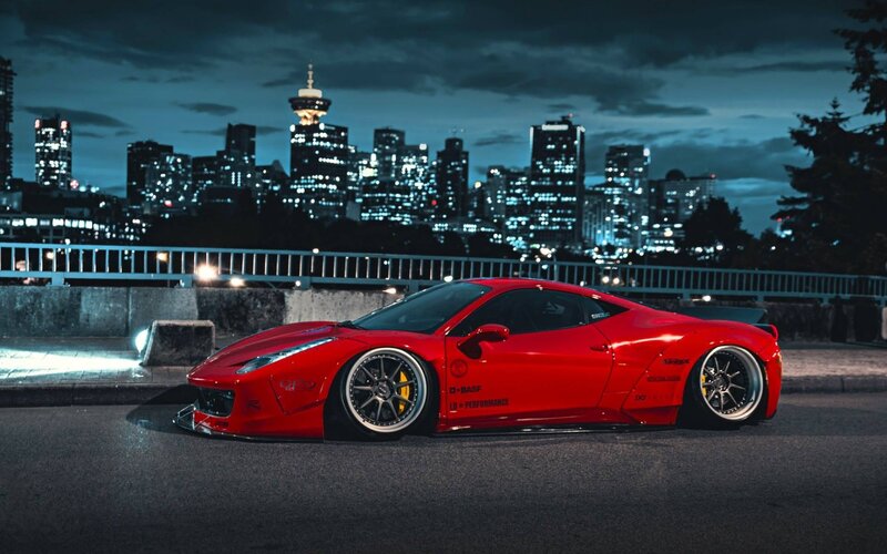 Red Sports Car — Dramatic, Night, Photograph, City Skyline, Bridge