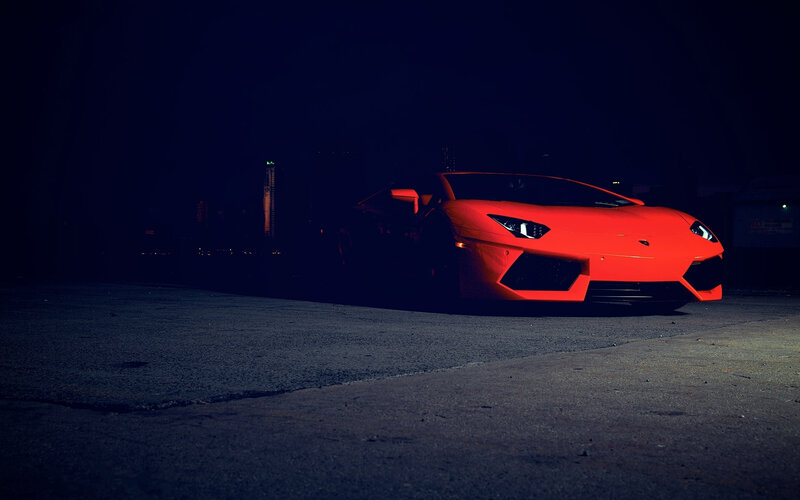 Red Sports Car — Dramatic, Night, Photograph, City Skyline