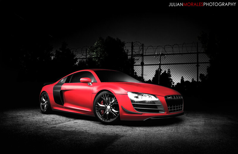 Red Sports Car — Dramatic, Night, Photograph, Fence, Barbed Wire