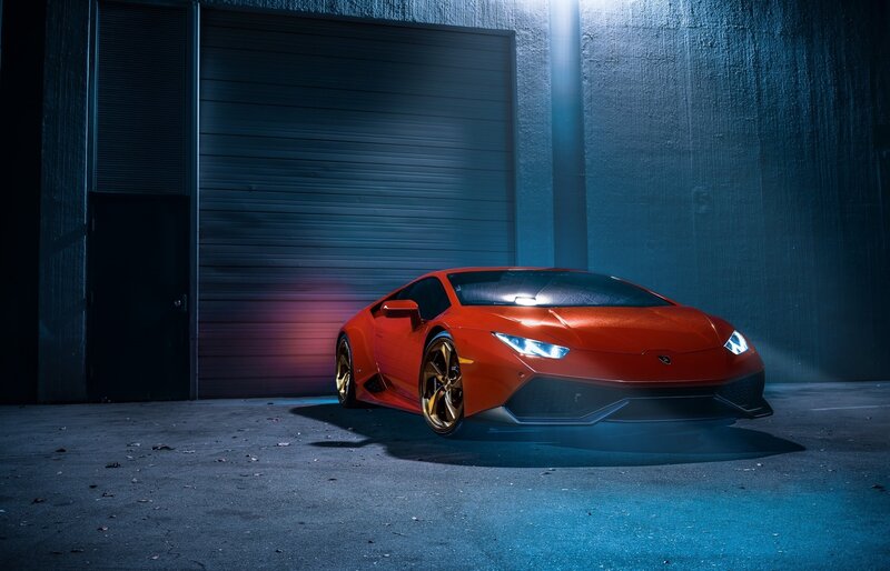 Red Sports Car — Dramatic, Night, Photograph, Garage Door