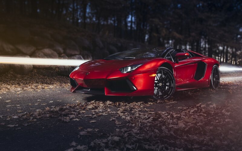 Red Sports Car — Dramatic, Night, Photograph, Leaves