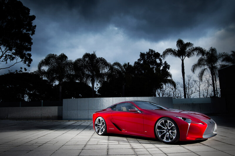 Red Sports Car — Dramatic, Night, Photograph, Palm Trees