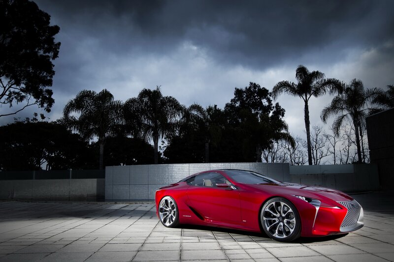 Red Sports Car — Dramatic, Night, Photograph, Palm Trees, Wall, Sky, Gray, Black