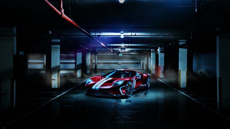 Red Sports Car — Dramatic, Night, Photograph, Parking Garage, Smoke