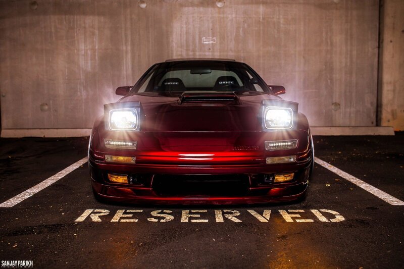 Red Sports Car — Dramatic, Night, Photograph, Parking Lot, Headlights