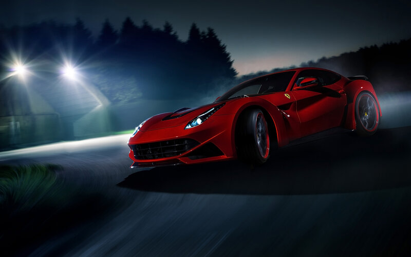 Red Sports Car — Dramatic, Night, Photograph, Road, Lights