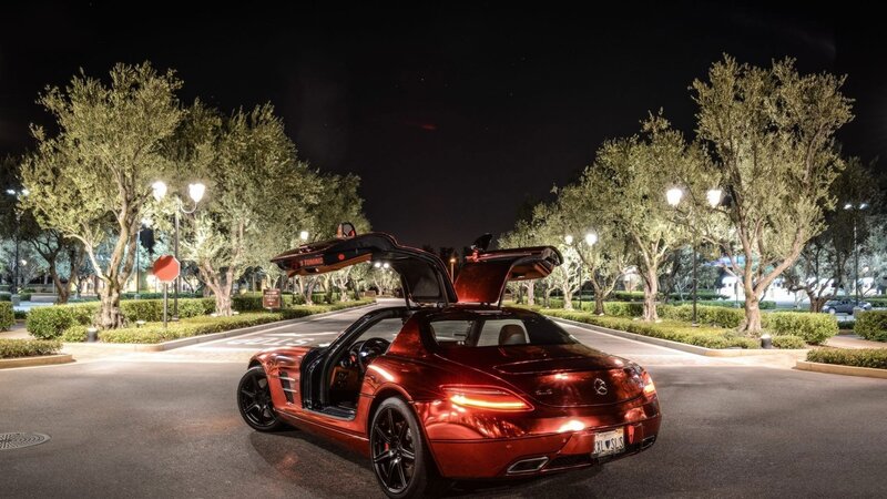 Red Sports Car — Dramatic, Night, Photograph, Trees, Streetlights