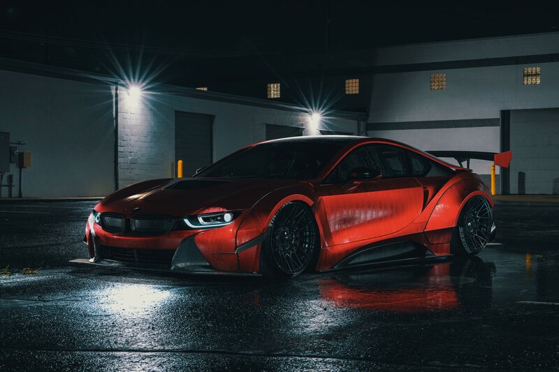 Red Sports Car — Dramatic, Night, Photograph, Wet Pavement, Garage