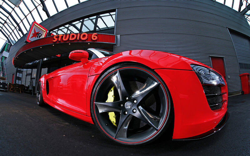 Red Sports Car — Dramatic, Photograph, Building, Sign