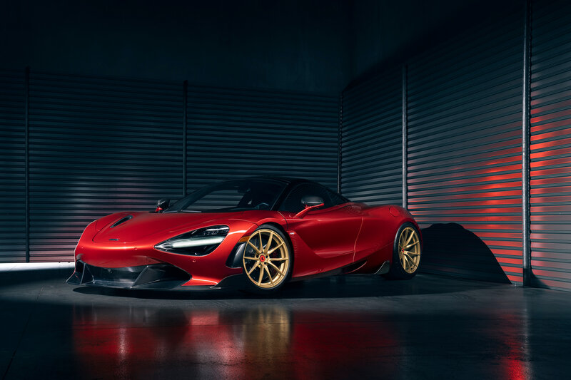 Red Sports Car — Dramatic, Photograph, Gold Wheels, Garage, Lighting