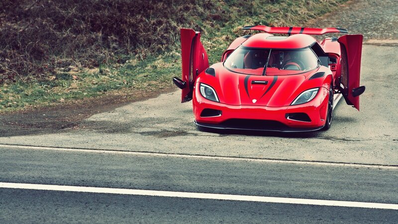 Red Sports Car — Dramatic, Photograph, Open Doors, Road, Grass