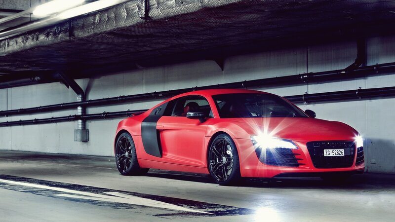 Red Sports Car — Dramatic, Photograph, Parking Garage, Headlights, Black