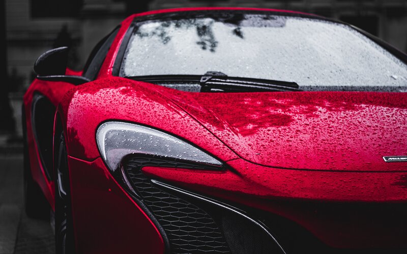 Red Sports Car — Dramatic, Photograph, Raindrops