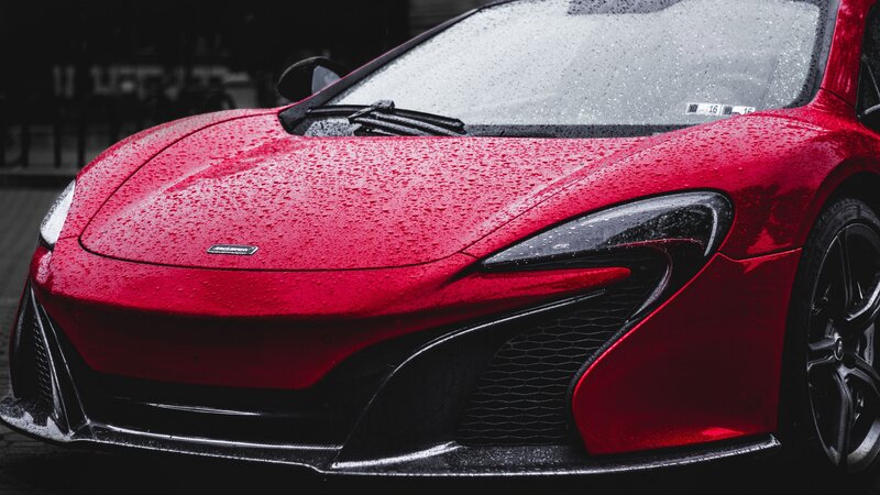 Red Sports Car — Dramatic, Photograph, Raindrops, Windshield