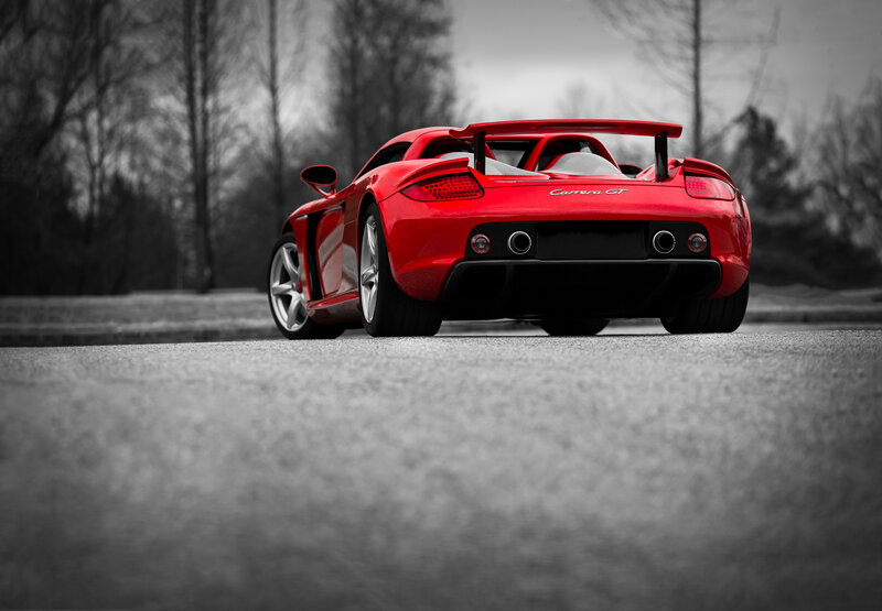 Red Sports Car — Dramatic, Photograph, Trees, Road