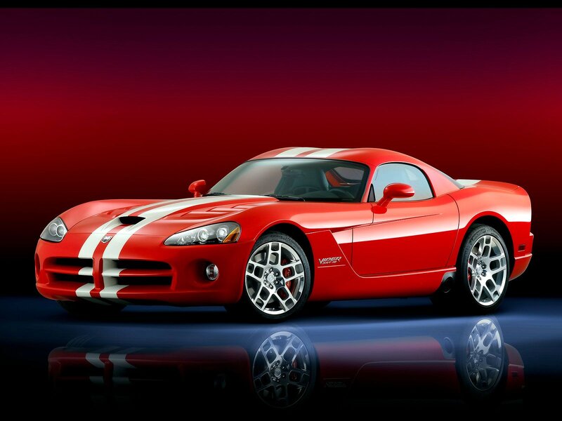 Red Sports Car — Dramatic, Photograph, White Stripes, Silver Wheels, Reflective Surface