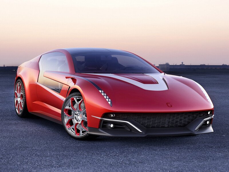 Red Sports Car — Dramatic, Sunset, 3d Render, City Skyline, Asphalt