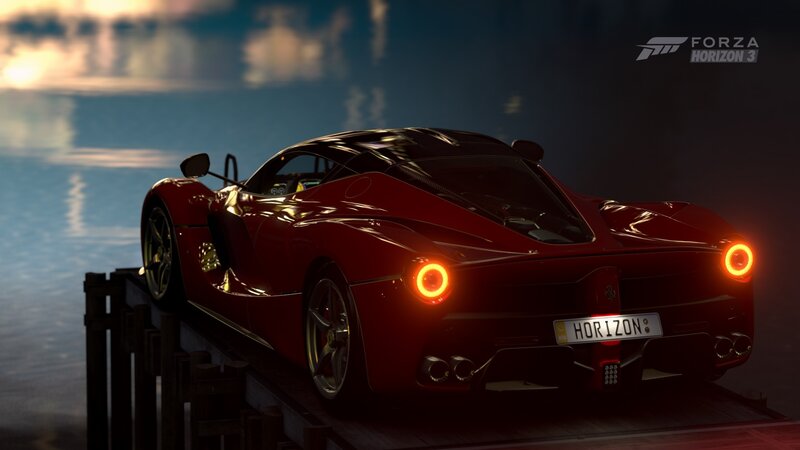 Red Sports Car — Dramatic, Sunset, Digital Art, Dock