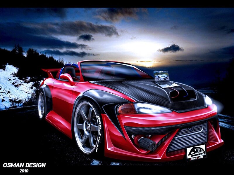 Red Sports Car — Dramatic, Sunset, Digital Art, Laptop