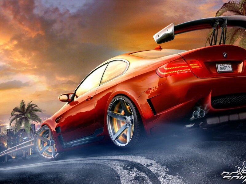 Red Sports Car — Dramatic, Sunset, Digital Art, Palm Tree