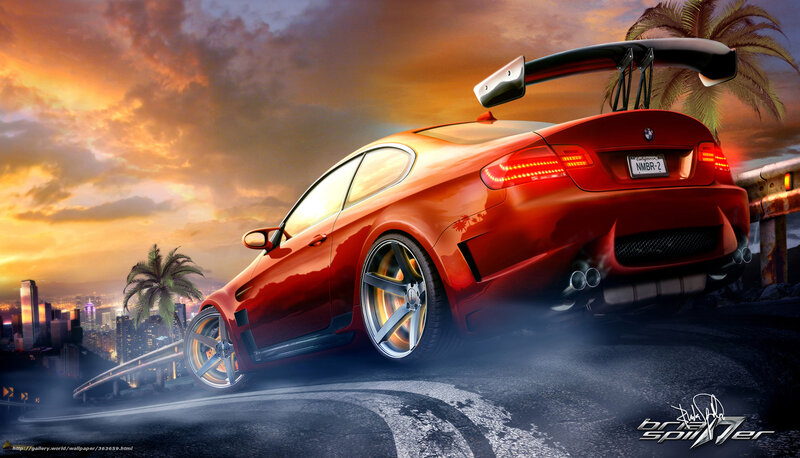 Red Sports Car — Dramatic, Sunset, Digital Art, Palm Trees