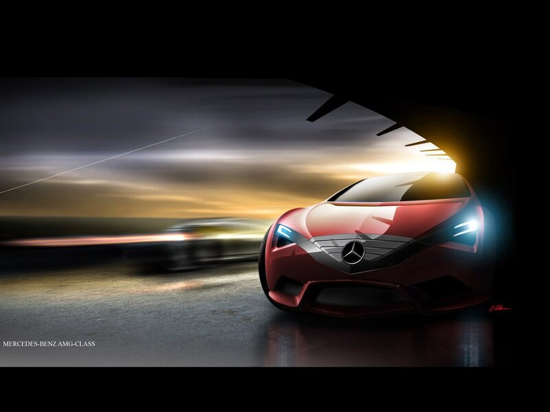 Red Sports Car — Dramatic, Sunset, Digital Art, Road, Lights