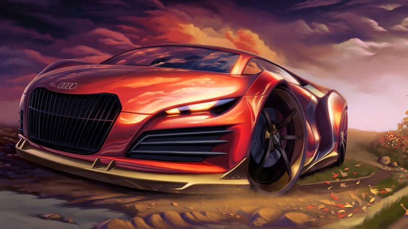 Red Sports Car — Dramatic, Sunset, Digital Art, Sky, Leaves