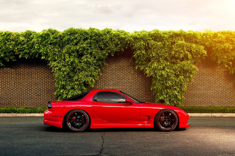 Red Sports Car — Dramatic, Sunset, Photograph, Brick Wall