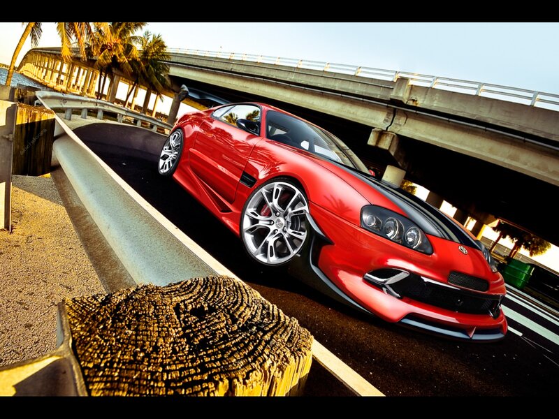 Red Sports Car — Dramatic, Sunset, Photograph, Bridge