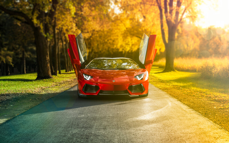 Red Sports Car — Dramatic, Sunset, Photograph, Car Doors