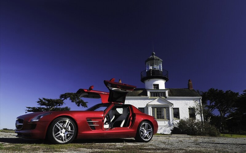 Red Sports Car — Dramatic, Sunset, Photograph, Lighthouse