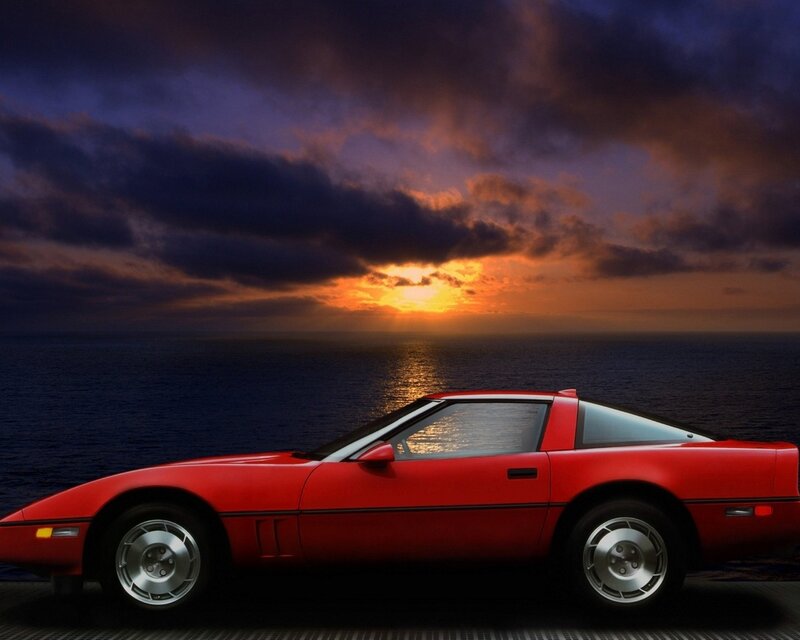 Red Sports Car — Dramatic, Sunset, Photograph, Ocean, Sky