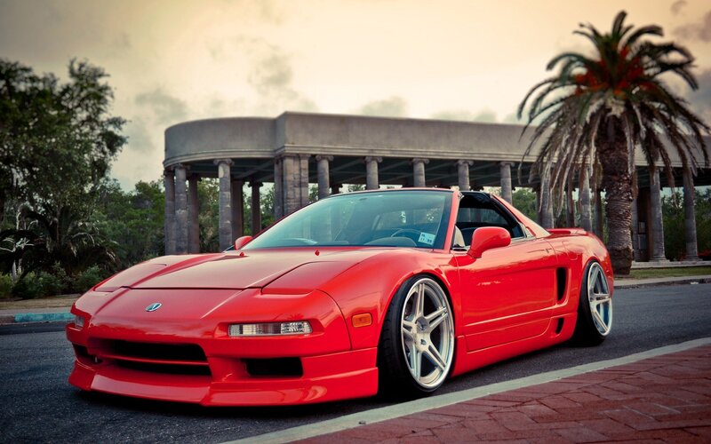 Red Sports Car — Dramatic, Sunset, Photograph, Palm Tree