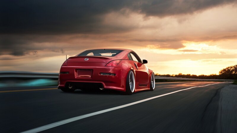 Red Sports Car — Dramatic, Sunset, Photograph, Road, Sky